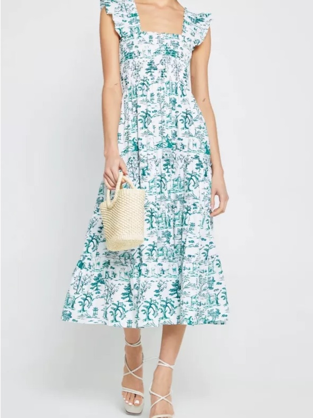 Aqua White and Green Tiered Midi Dress with Smocked Bodice